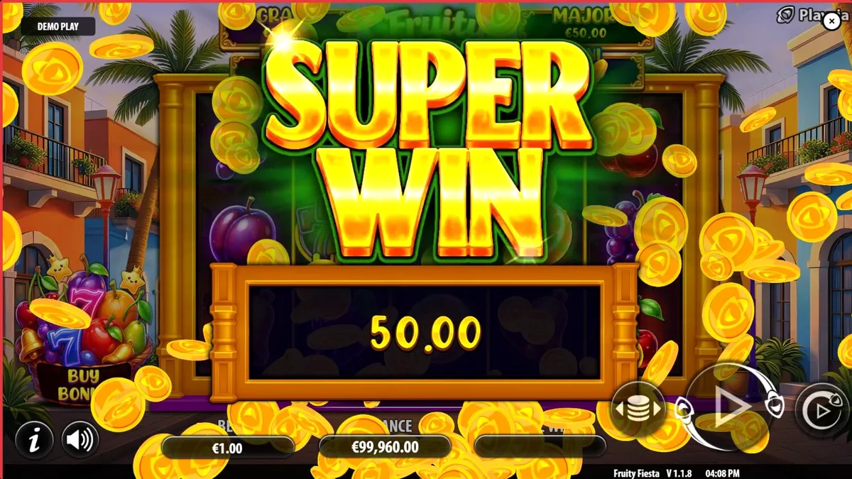 Tampilan visual slot Fruity Fiesta dengan tema neon dan buah-buahan