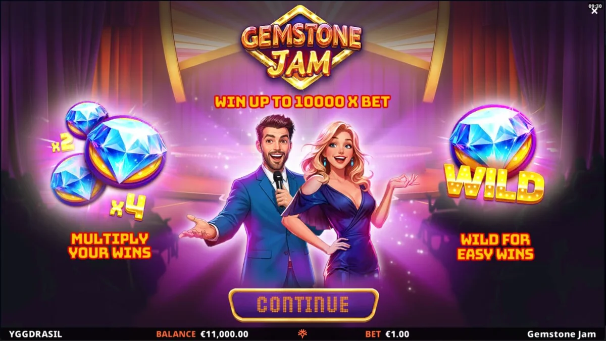 Tampilan visual slot Gemstone Jam dengan nuansa panggung acara televisi yang mewah
