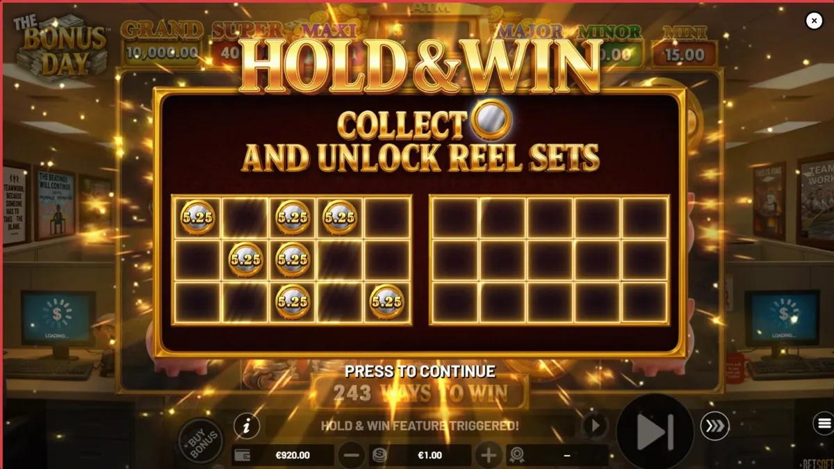 The Bonus Day slot machine interface featuring office-themed symbols