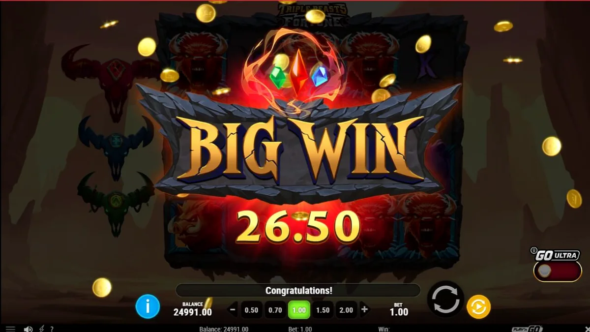 Tampilan visual slot Triple Beasts of Fortune dengan simbol totem hewan dan latar belakang ngarai.