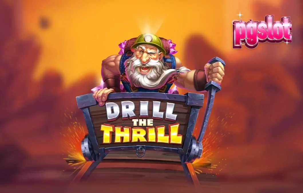 Tampilan visual slot Drill the Thrill dengan tema tambang dan mesin bor emas